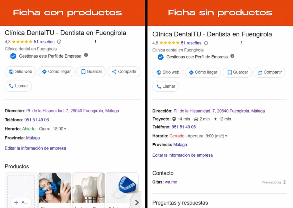 comparativa ficha de google maps con productos