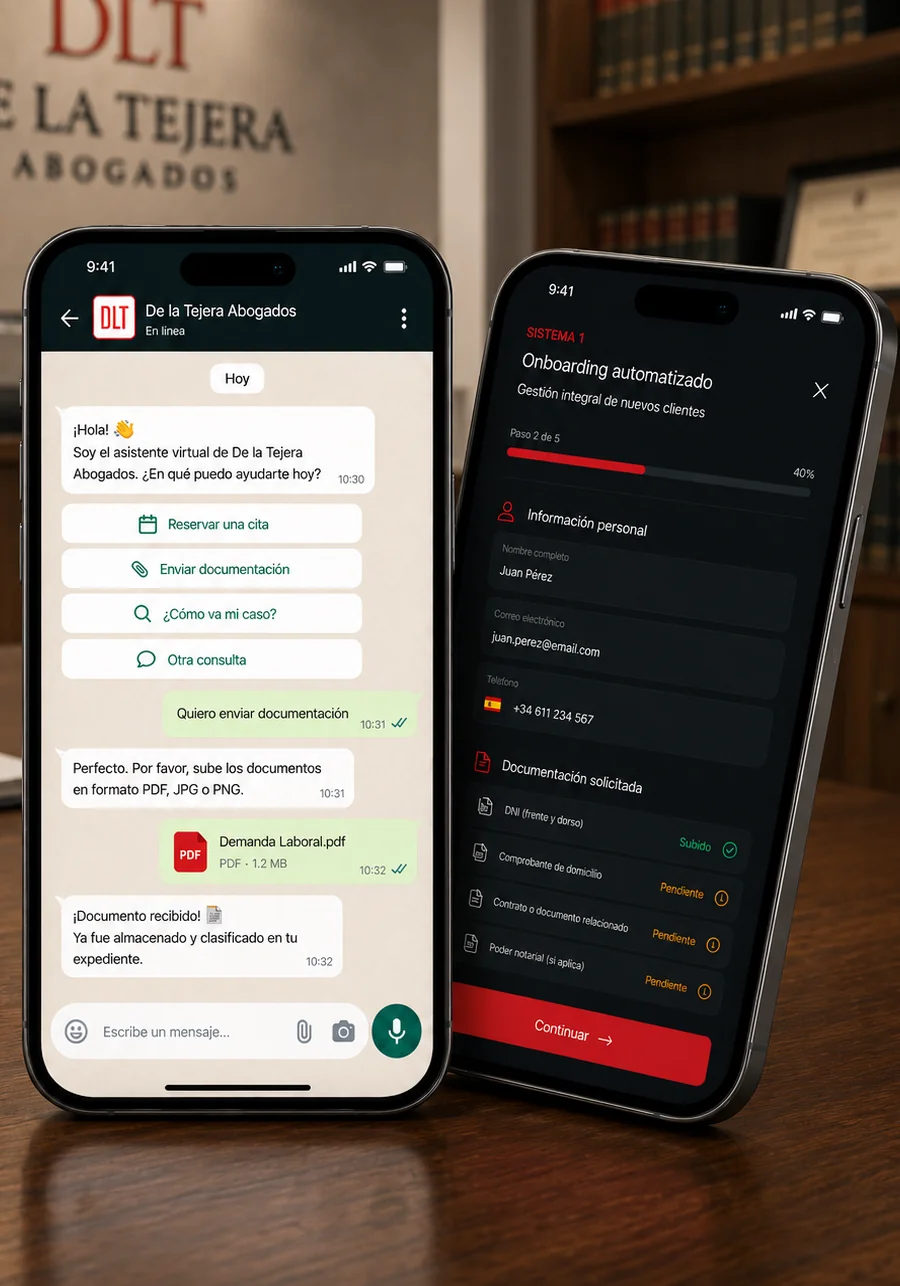Los dos sistemas de De la Tejera Abogados en dos móviles sobre la mesa del despacho: el chatbot de WhatsApp que agenda citas y recoge documentación, y la pantalla del onboarding automatizado