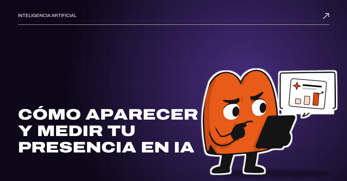 Cómo aparecer y medir tu presencia en IA: EME, la mascota de MD Marketing, revisa en una tableta una tarjeta con una chispa de IA y barras que suben