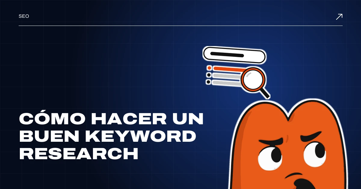 Cómo hacer un keyword research: EME, la mascota de MD Marketing, se asoma pensativo bajo una barra de búsqueda con palabras clave y una lupa