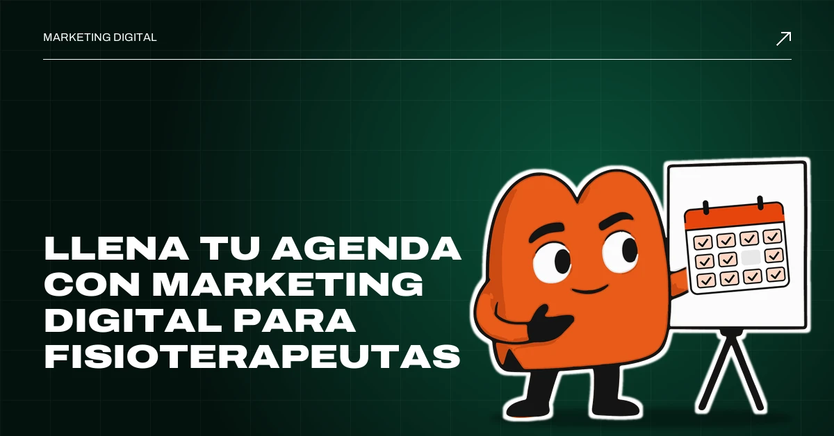 Marketing digital para fisioterapeutas: EME, la mascota de MD Marketing, señala en una pizarra una agenda con casi todas las citas ocupadas