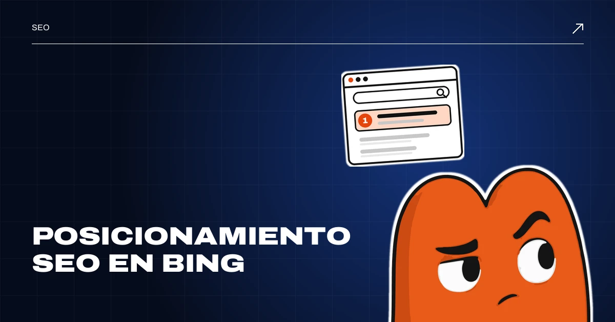 Posicionamiento SEO en Bing: EME, la mascota de MD Marketing, se asoma con cara de duda bajo un buscador con el primer resultado destacado