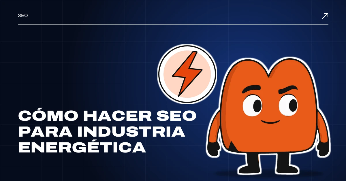 SEO para la industria energética: EME, la mascota de MD Marketing, está de pie junto a una insignia con un rayo