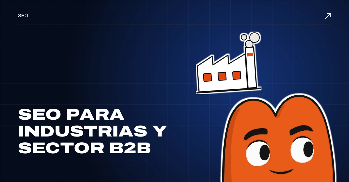 SEO para industrias y sector B2B: EME, la mascota de MD Marketing, se asoma bajo una fábrica con chimenea