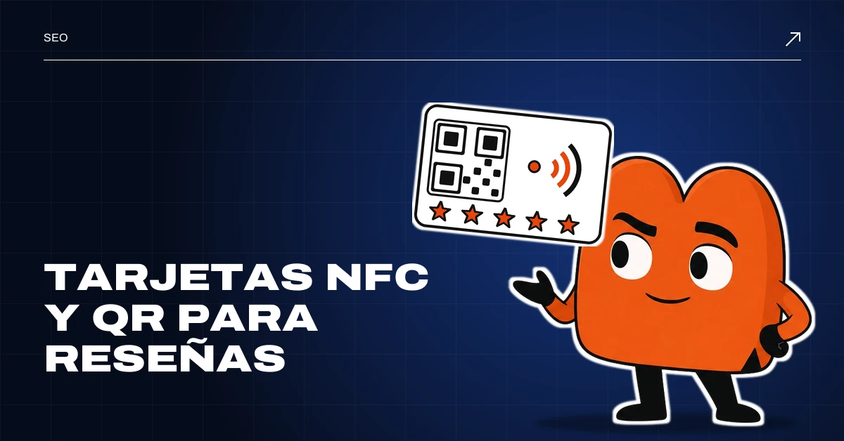 Tarjetas NFC y QR para reseñas de Google: EME, la mascota de MD Marketing, presenta una tarjeta con código QR, ondas NFC y cinco estrellas