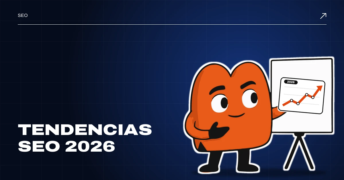 Tendencias SEO 2026: EME, la mascota de MD Marketing, señala en una pizarra una gráfica de 2026 que sube